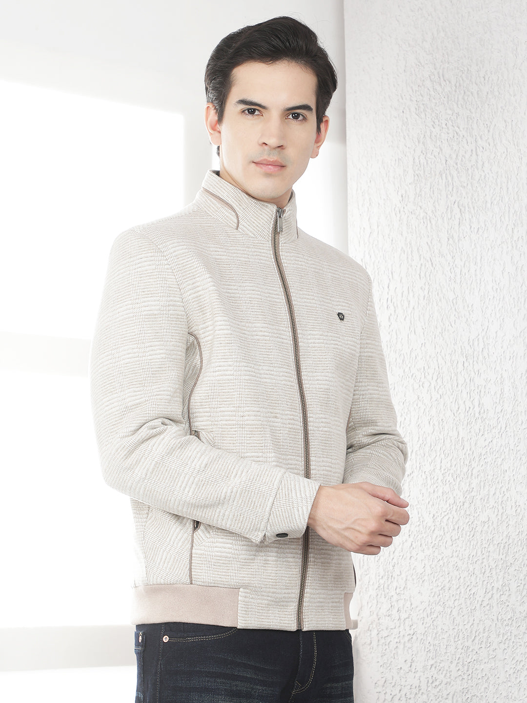 Beige Checked Bomber Jacket