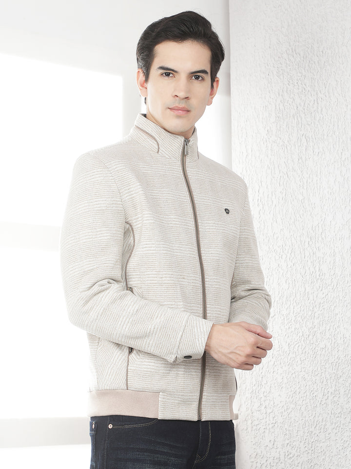 Beige Checked Bomber Jacket