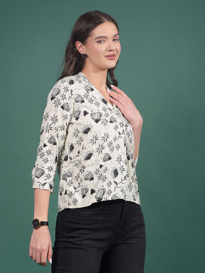 White Floral Print V-Neck Top