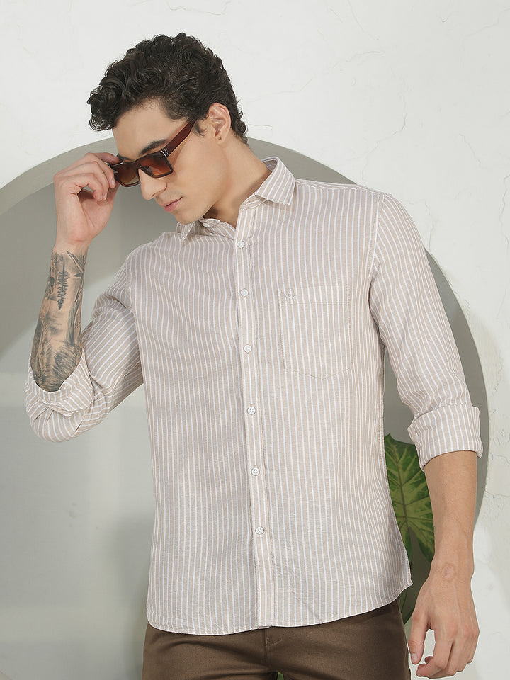 Tan Vertical Stripes Linen Shirt