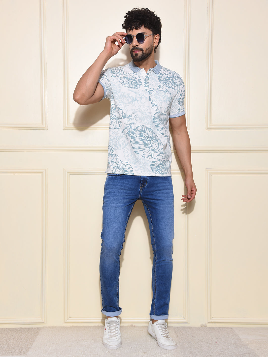 Green Floral Print Polo-Neck T-Shirt