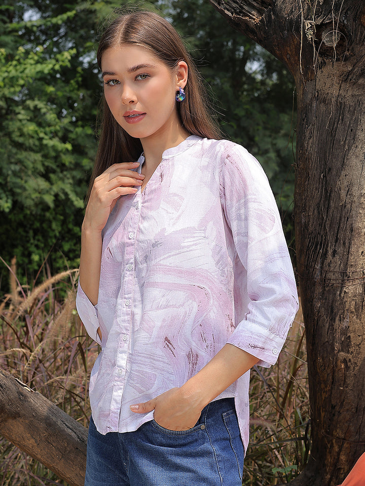 Purple Printed V-Neck Linen Shirt