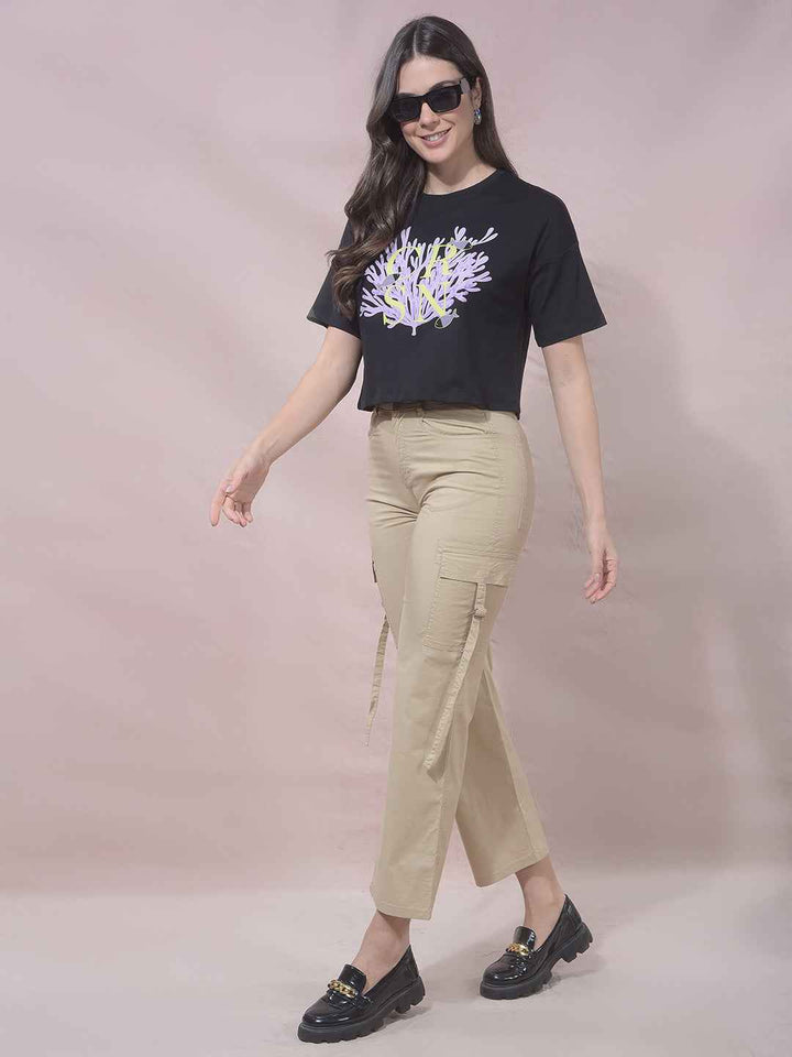 Black Botanical Print Cropped T-Shirt