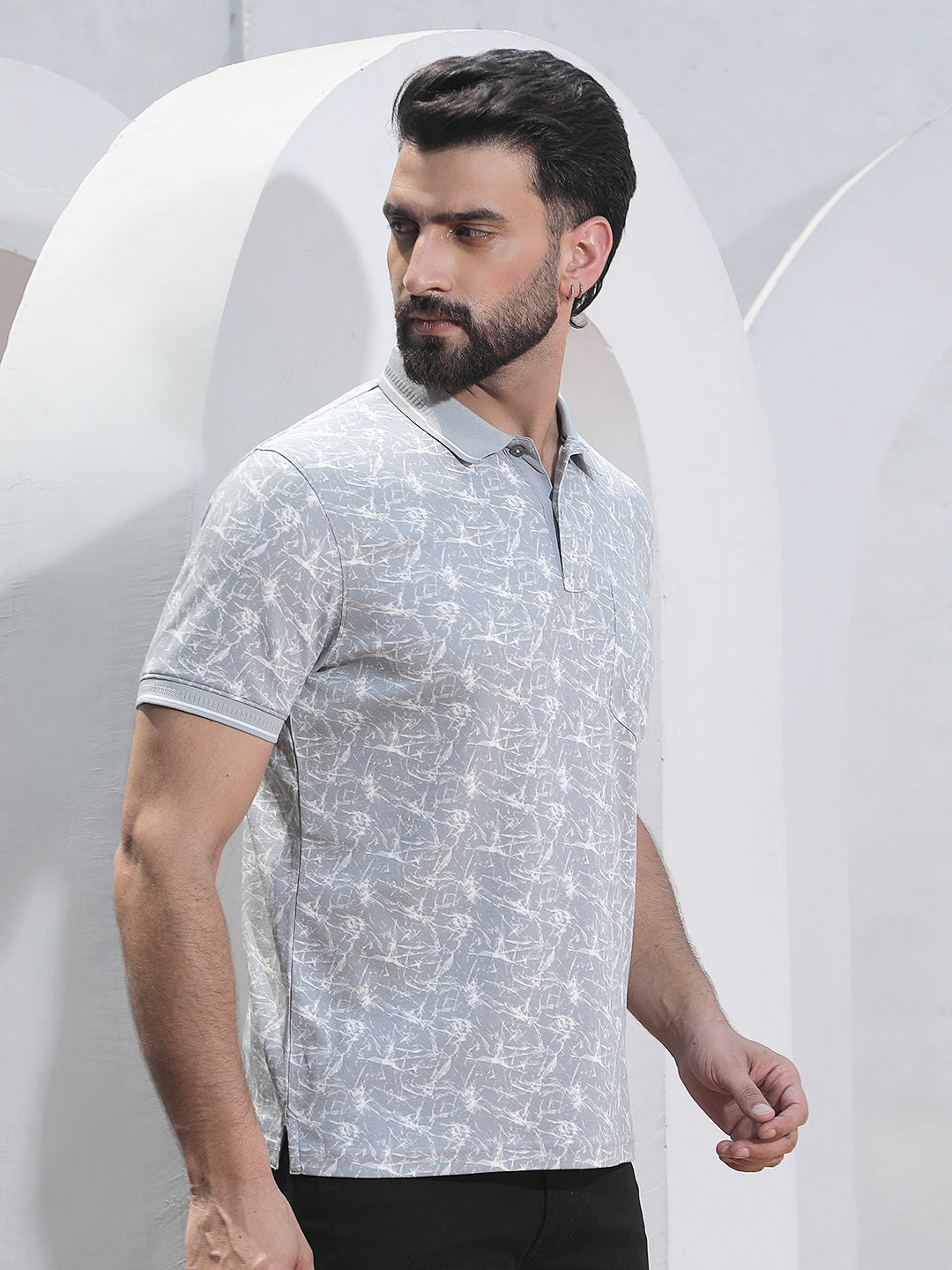 Grey Abstract Print Polo Neck T-Shirt