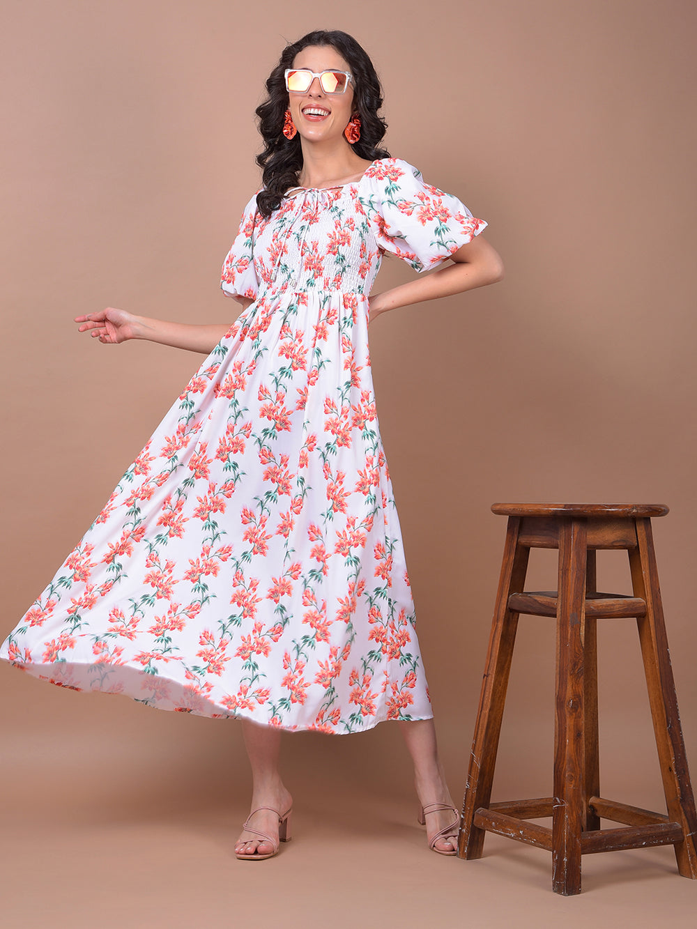 White Floral Print Square Neck A-Line Dress