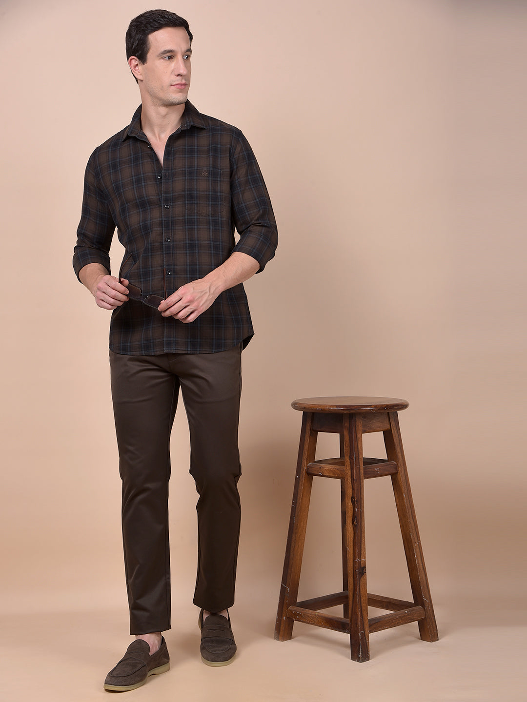 Brown Checked 100% Cotton Shirt