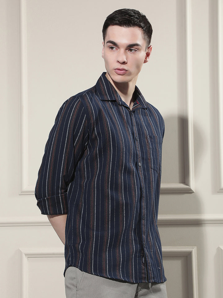 Navy Blue Vertical Stripes 100% Cotton Shirt