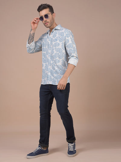 Blue Floral Print Linen Shirt