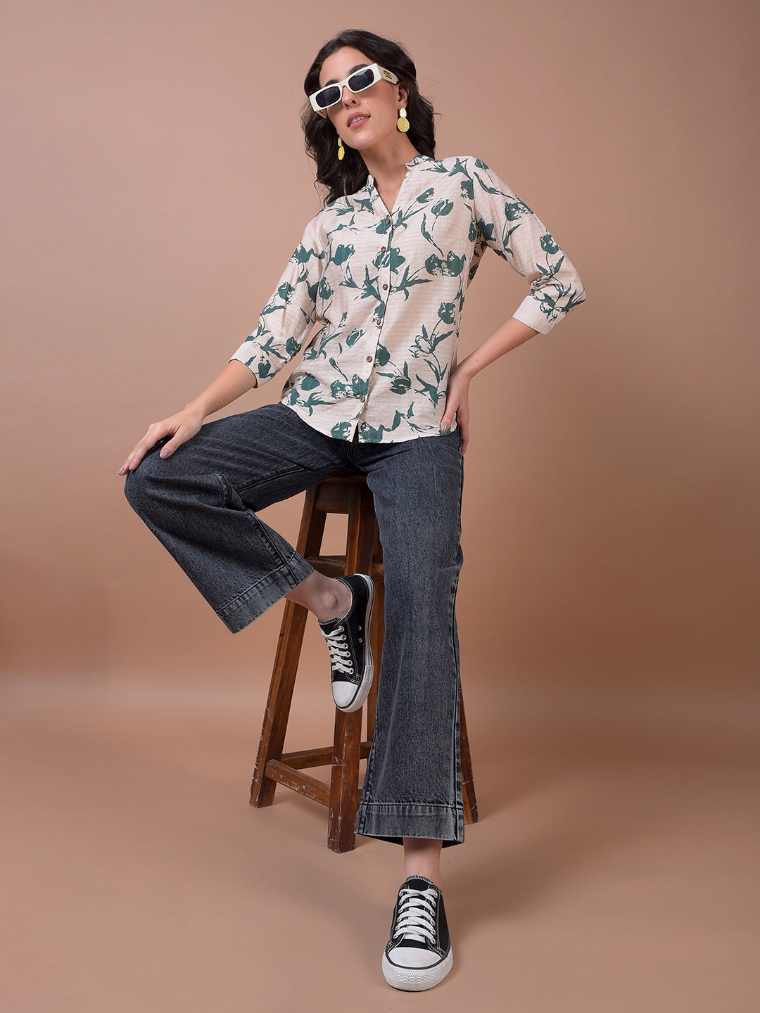 Green Floral Print V-Neck Shirt