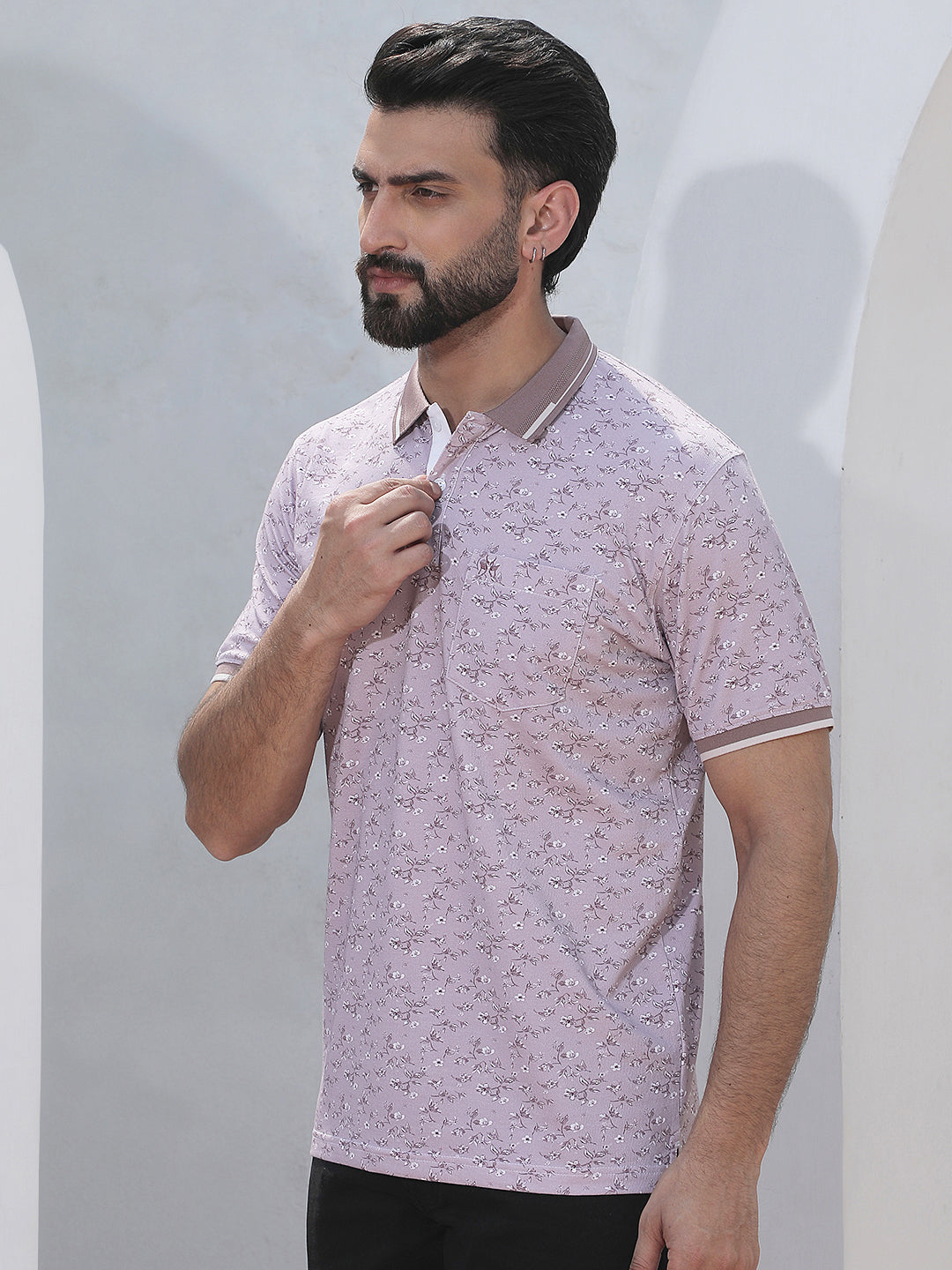 Purple Floral Print Polo Neck T-Shirt