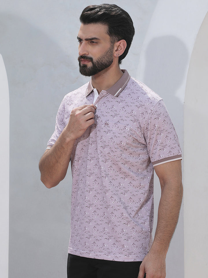 Purple Floral Print Polo Neck T-Shirt