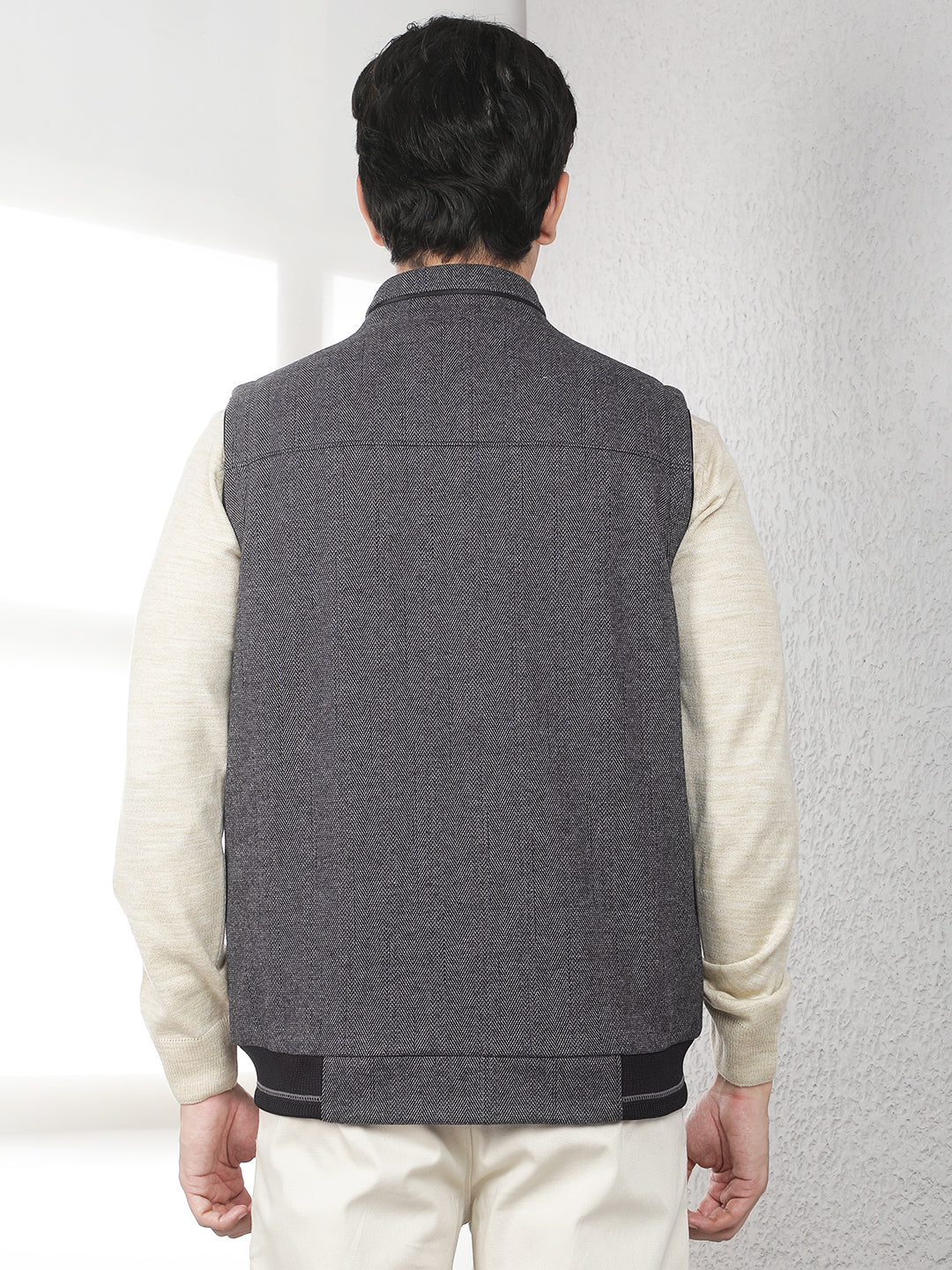 Black Checked High Neck Sleeveless Jacket