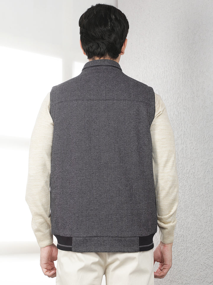 Black Checked High Neck Sleeveless Jacket