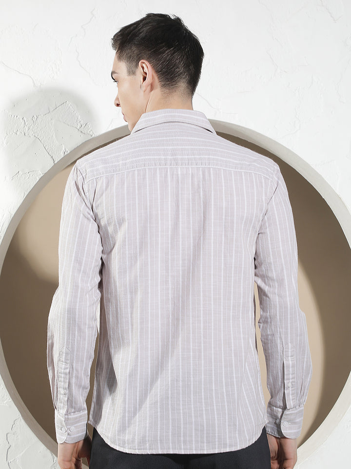 Beige Vertical Stripes 100% Cotton Shirt