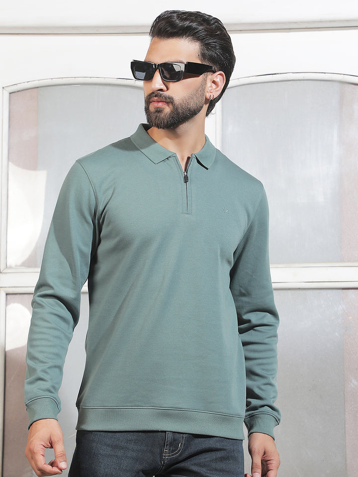 Green Polo Neck Front Open Sweatshirt