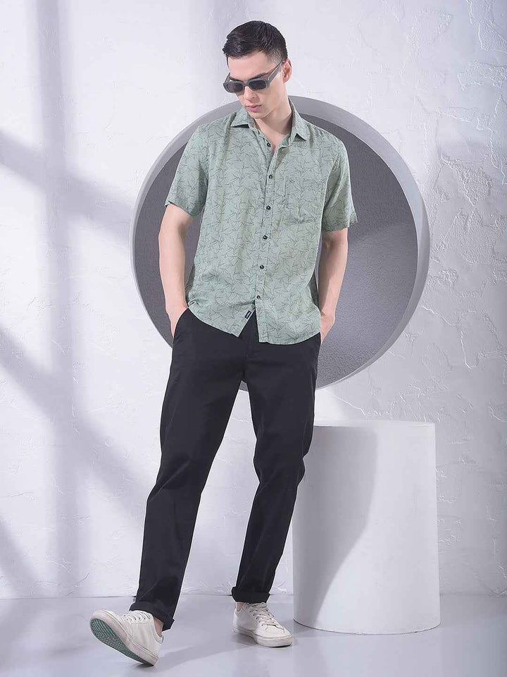 Green Floral Print Linen Shirt