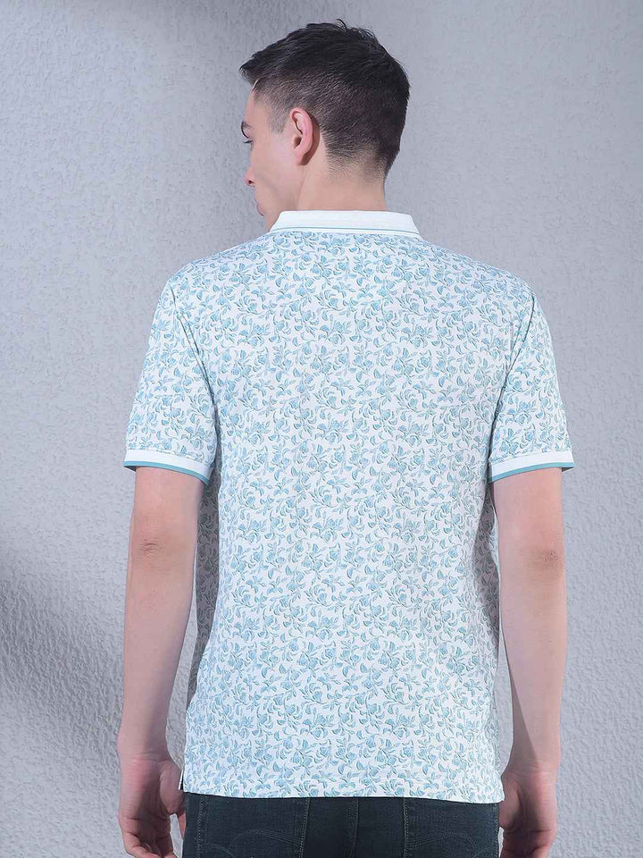 Green Floral Print Polo Neck T-Shirt