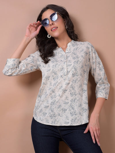 Beige Floral Print V-Neck Linen Top