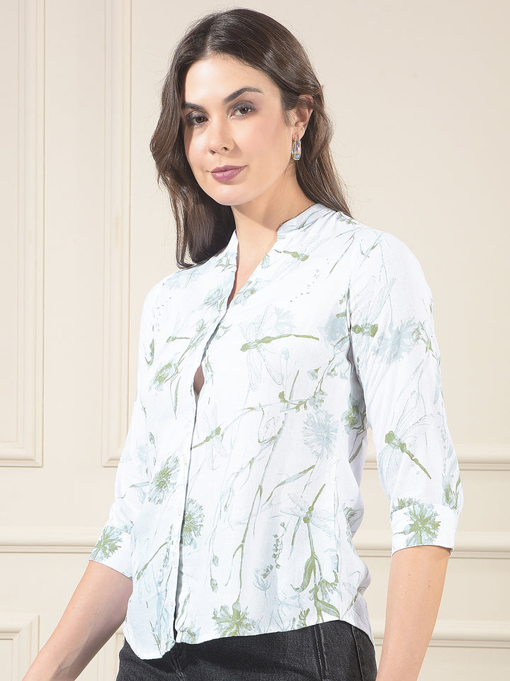 Green Floral Print V-Neck Linen Shirt