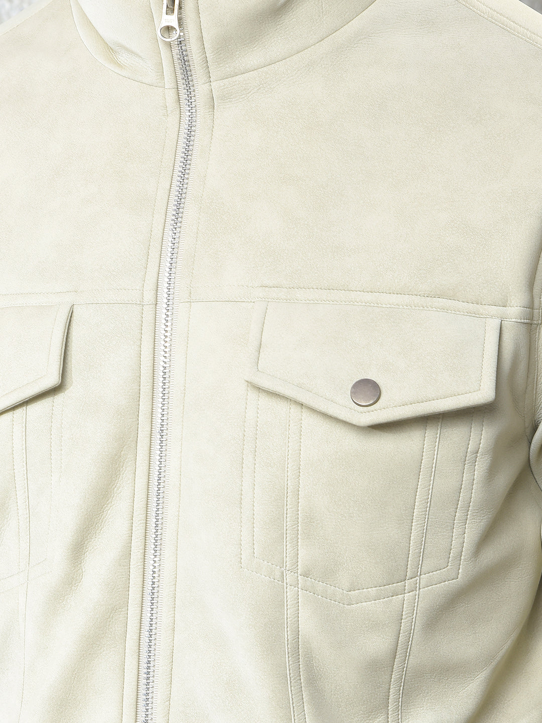 Cream Knit-Panel Casual Jacket
