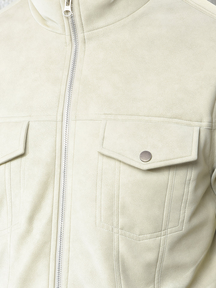 Cream Knit-Panel Casual Jacket