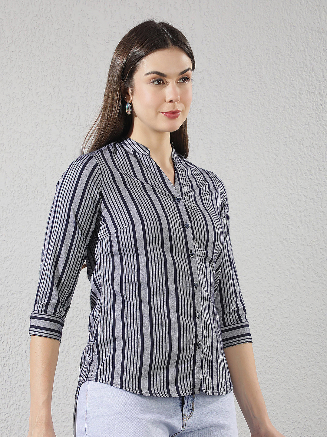 Grey Vertical Striped V-Neck Shirt