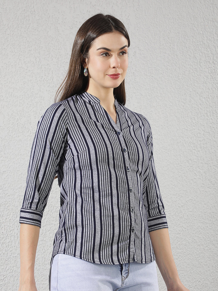 Grey Vertical Striped V-Neck Shirt