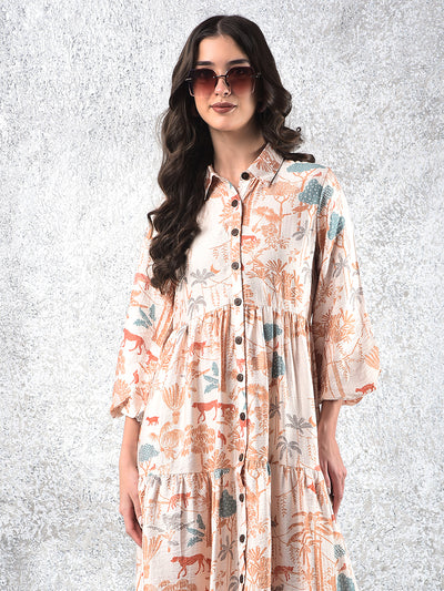 Women's Orange Floral Print Shirt Dress-Women Dresses-Crimsoune Club
