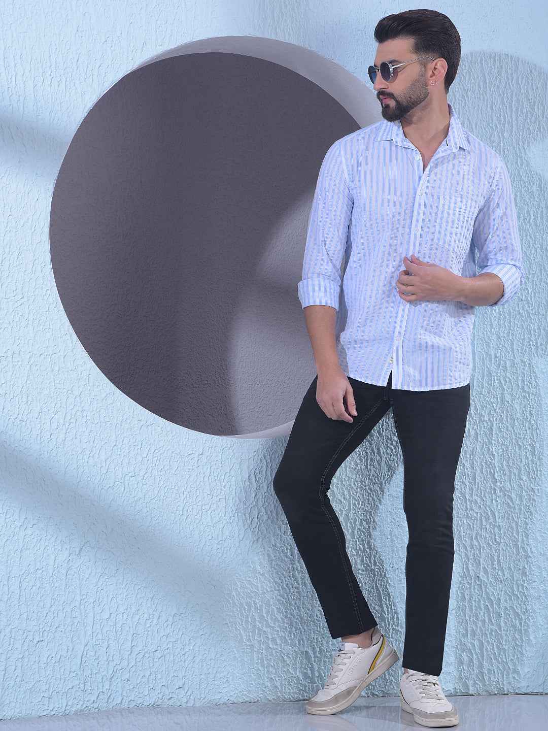 Blue 100% Cotton Vertical Stripes Shirt