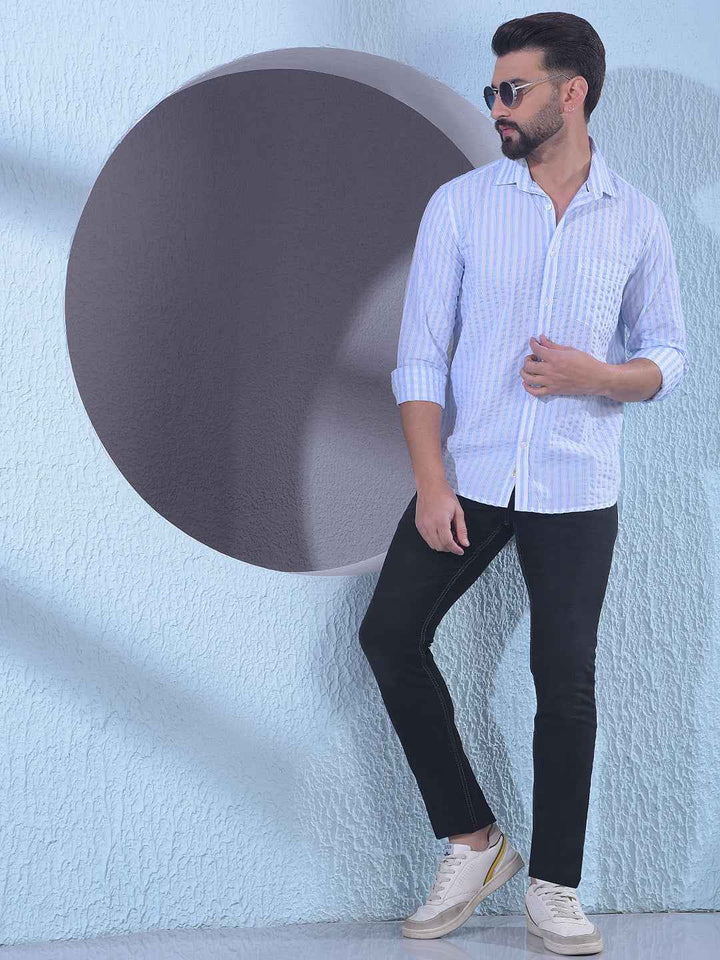 Blue 100% Cotton Vertical Stripes Shirt