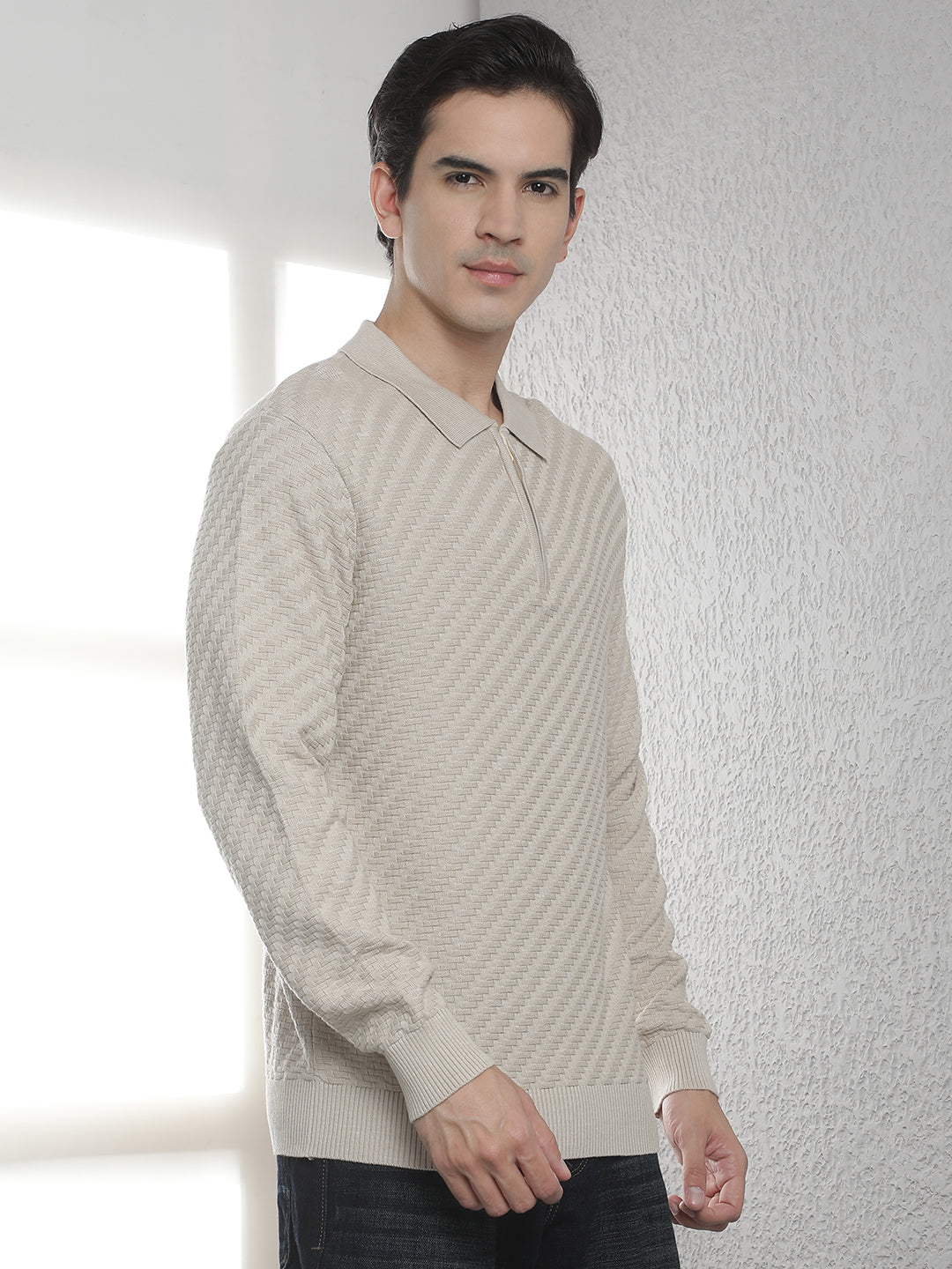 Beige 100% Cotton Knitted Polo Neck Sweater