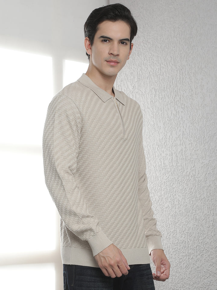 Beige 100% Cotton Knitted Polo Neck Sweater