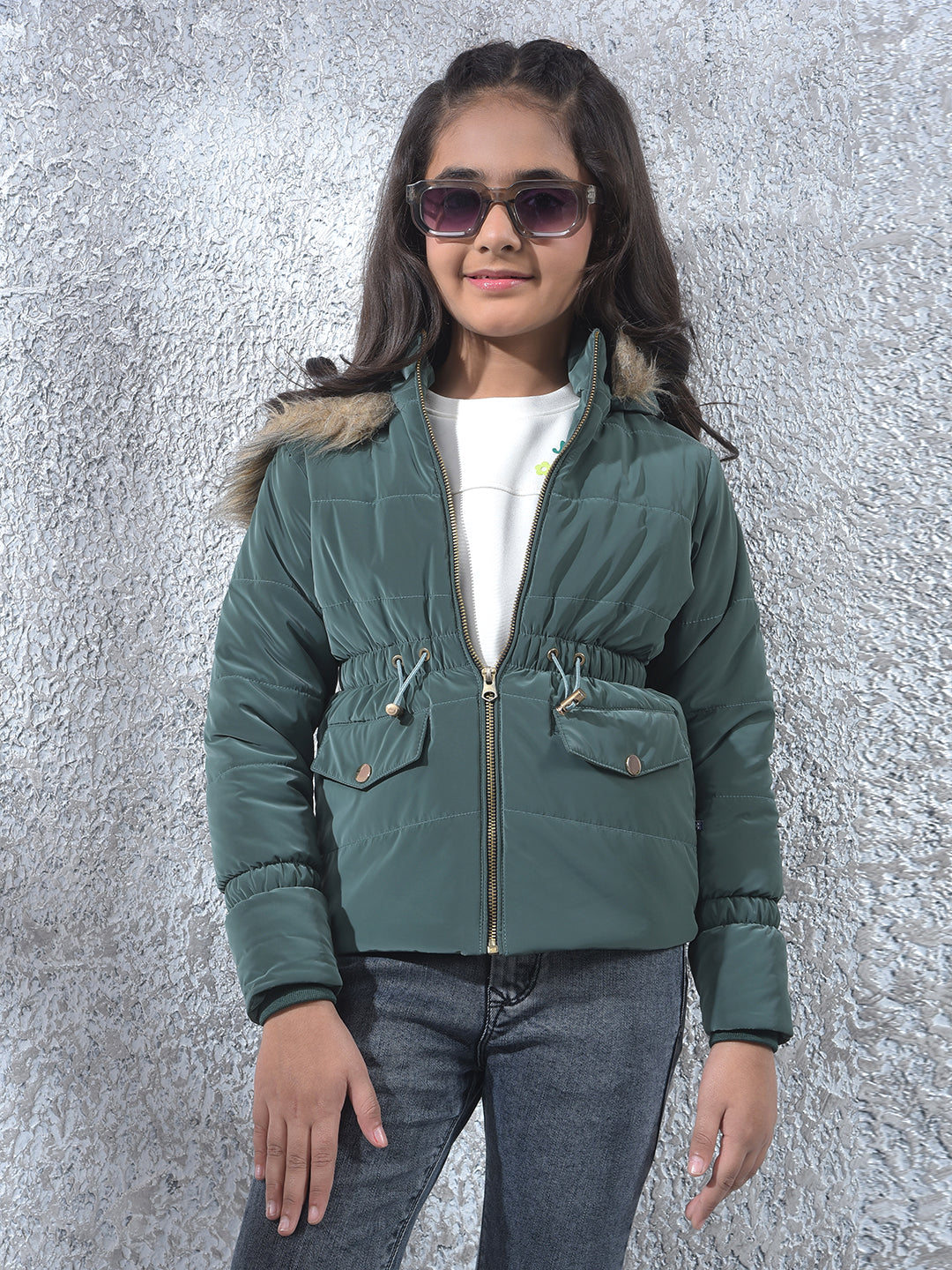 Olive Hooded Neck Padded Jacket