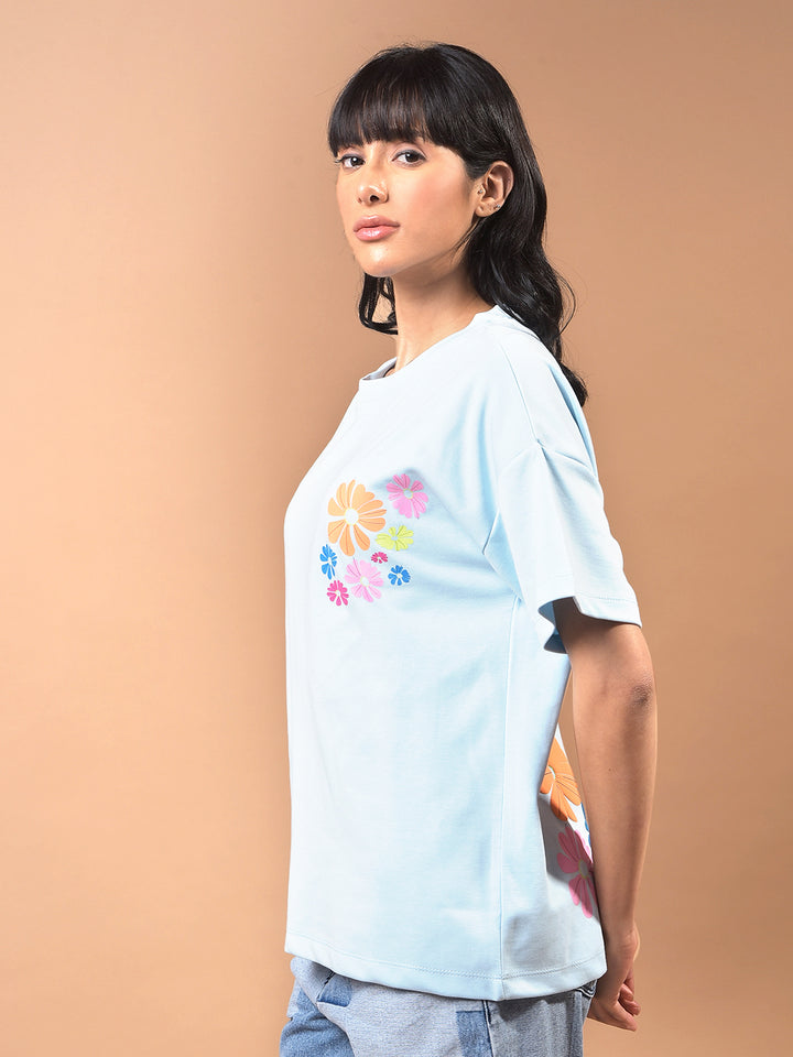 Blue Floral Print Oversize T-Shirt-Women T-Shirts-Crimsoune Club