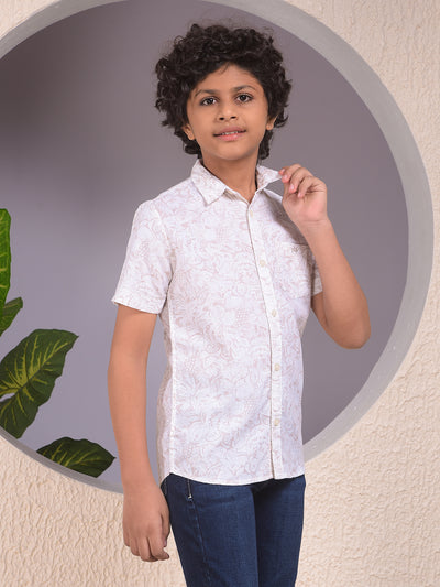 Beige Floral Print Linen Shirt