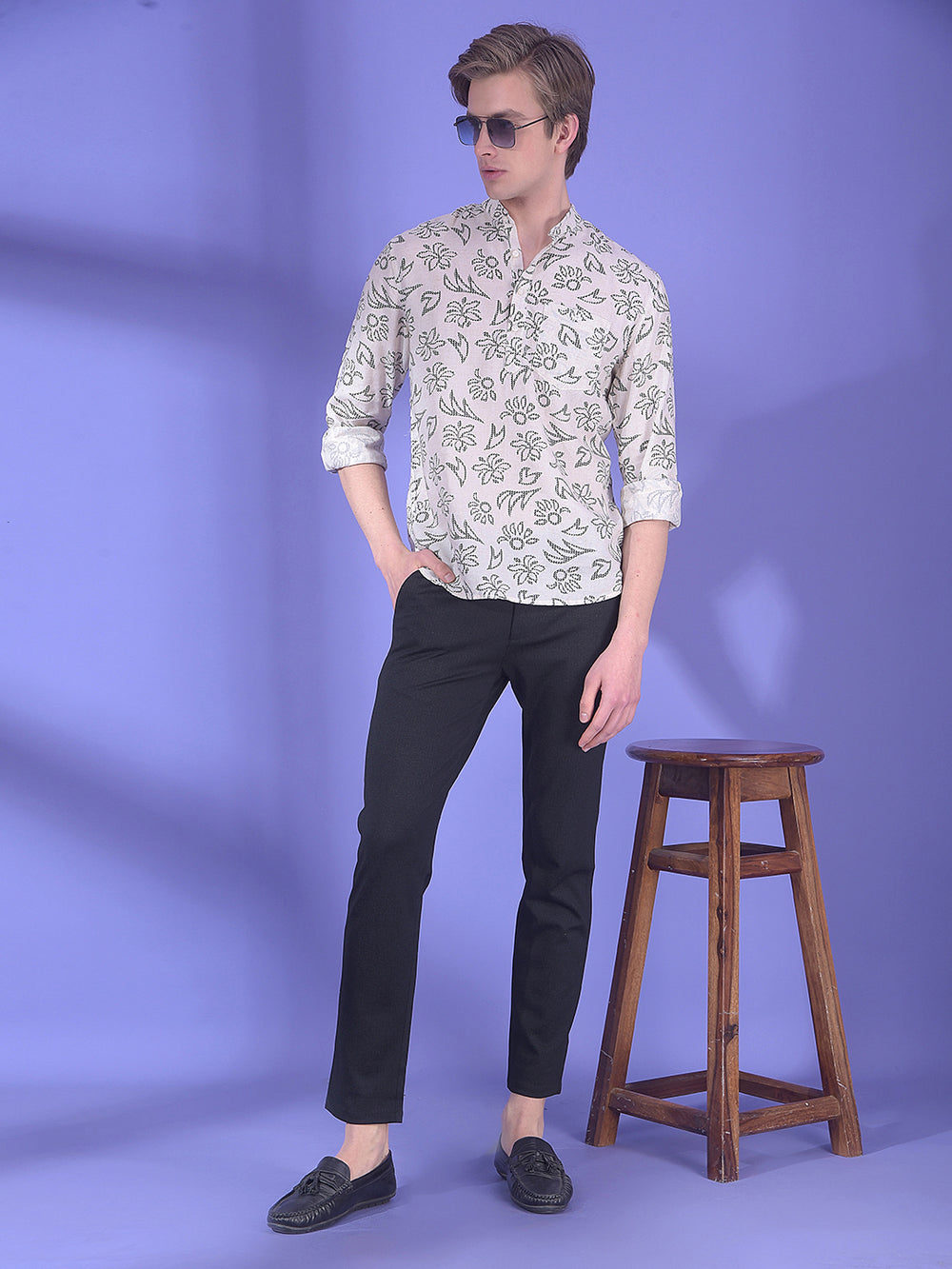 Black Floral Printed Linen Kurta