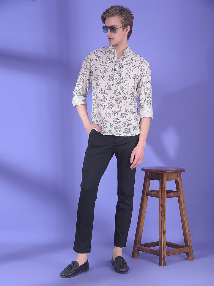 Black Floral Printed Linen Kurta