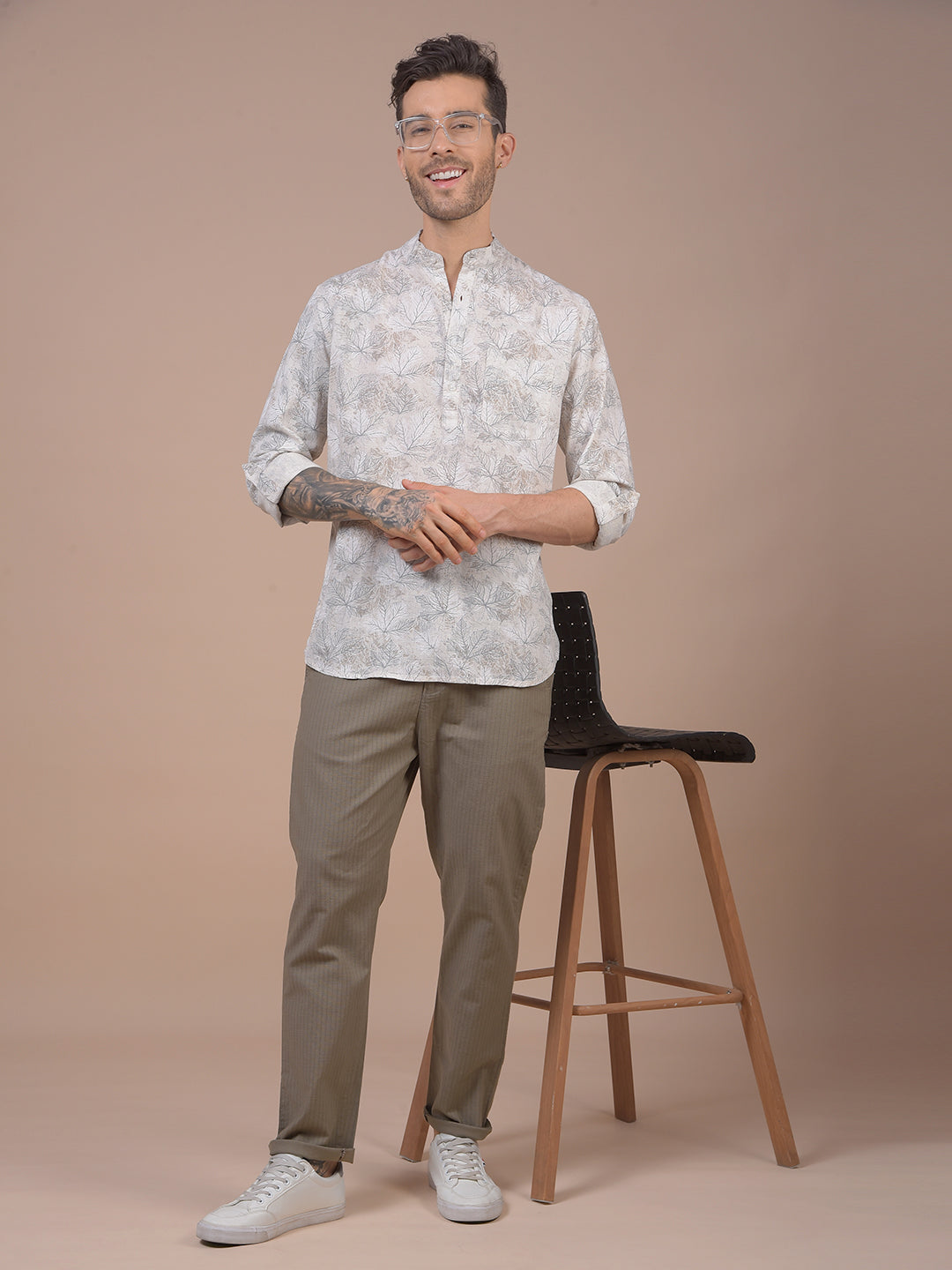 Grey Floral Print Linen Kurta
