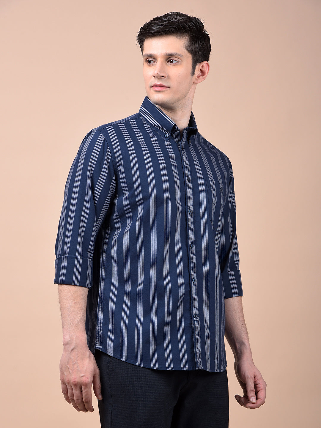 Navy Blue Vertical Stripes Button-Down Collar 100% Cotton Shirt