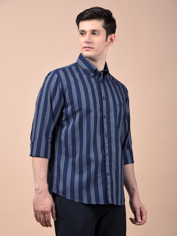 Navy Blue Vertical Stripes Button-Down Collar 100% Cotton Shirt