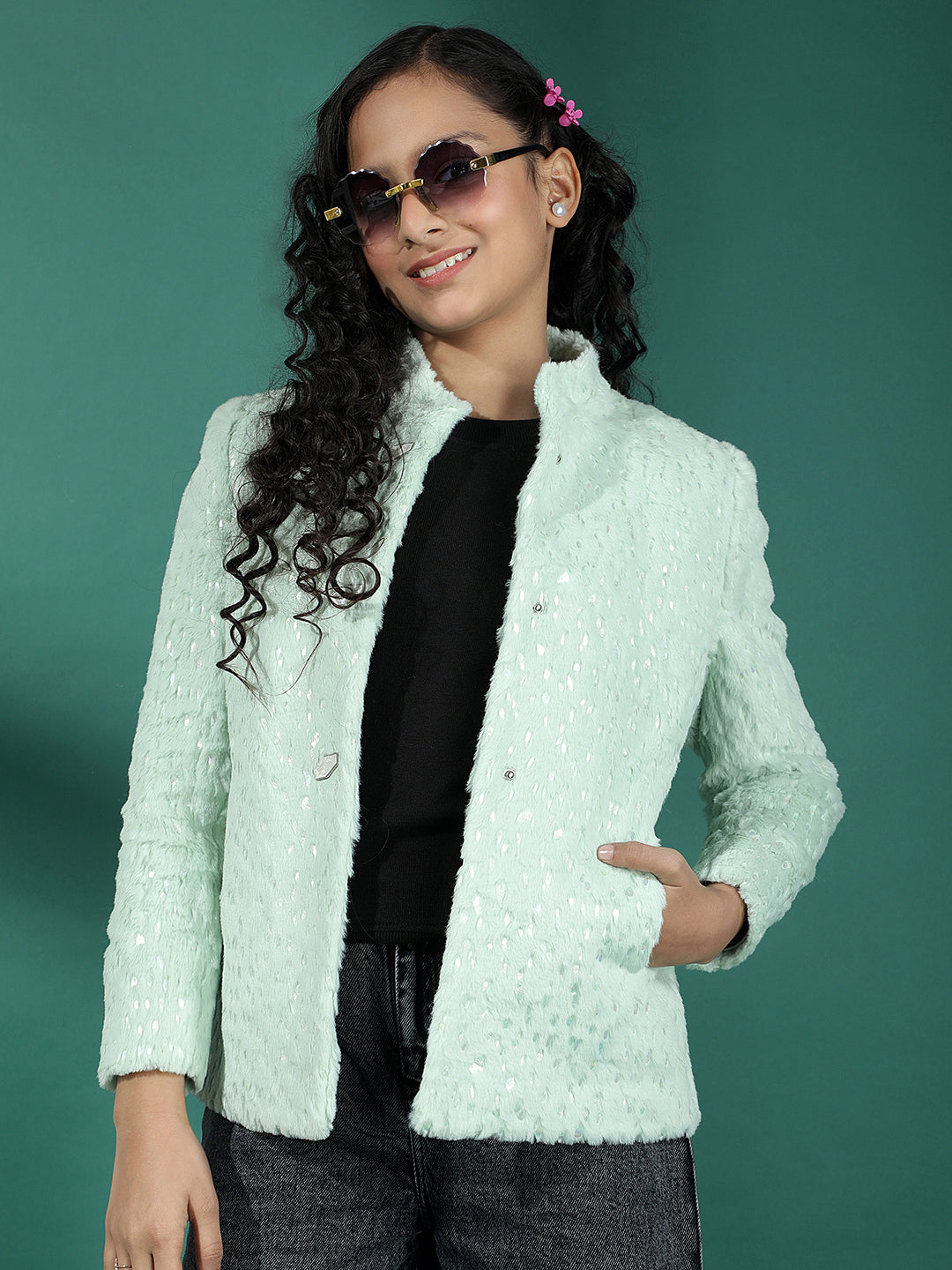 Green Embellished High Neck Fur Coat
