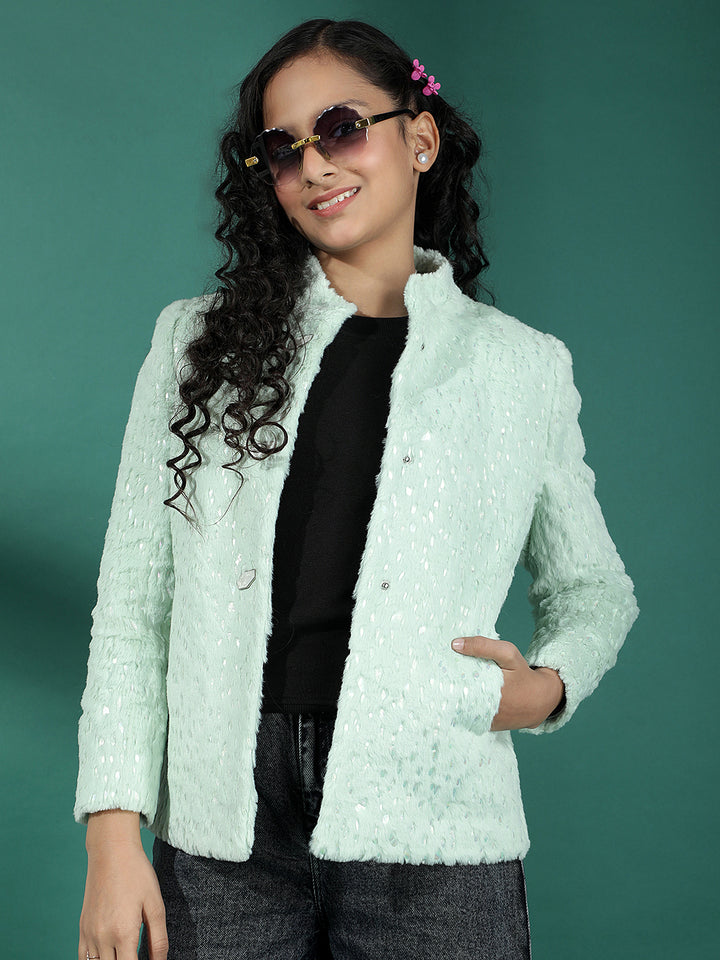 Green Embellished High Neck Fur Coat