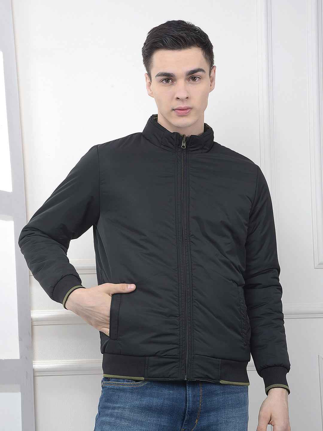 Olive High Neck Reversible Bomber Jacket