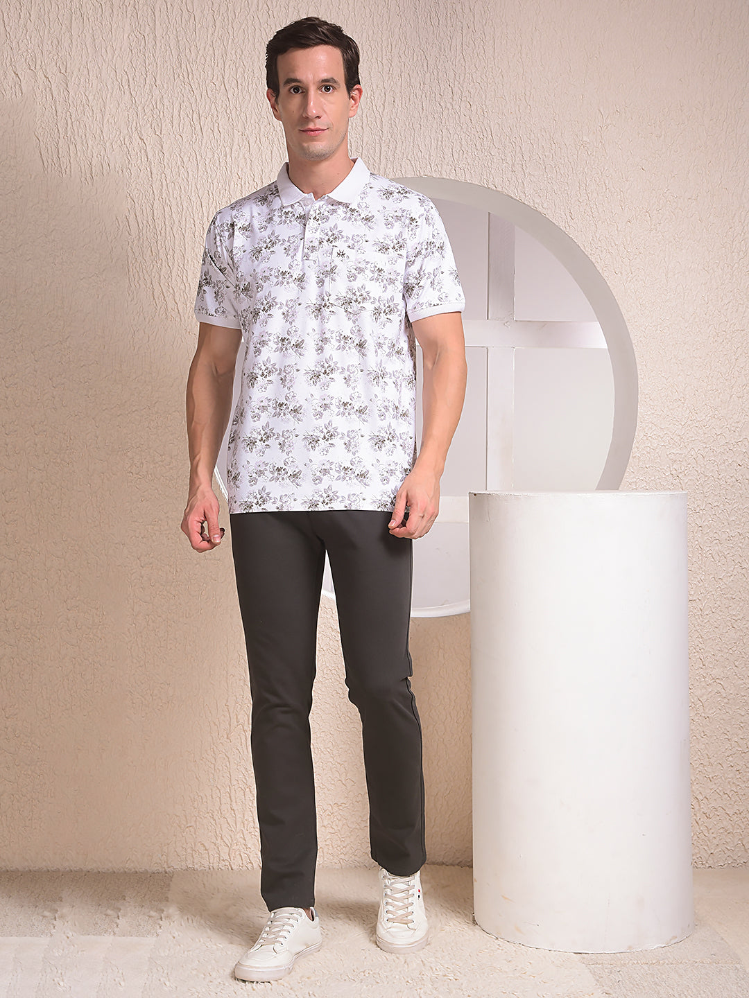 White Floral Print Polo Neck T-Shirt