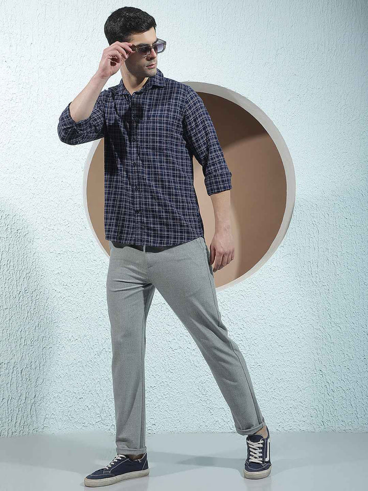 Navy Blue 100% Cotton Checked Shirt