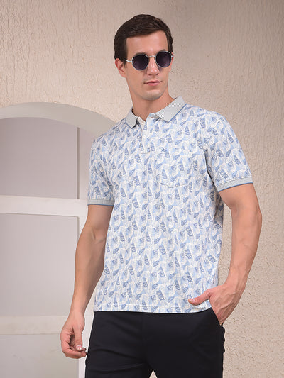 Blue Printed Polo Neck T-Shirt