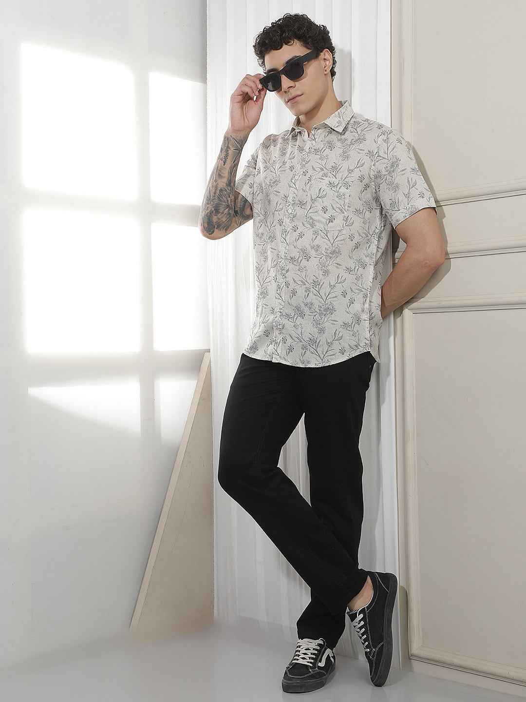 Grey Floral Print Linen Shirt