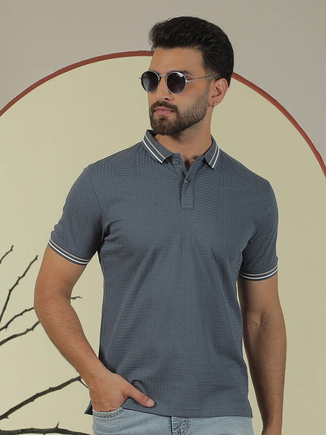 Blue Jacquard Polo Neck T-Shirt