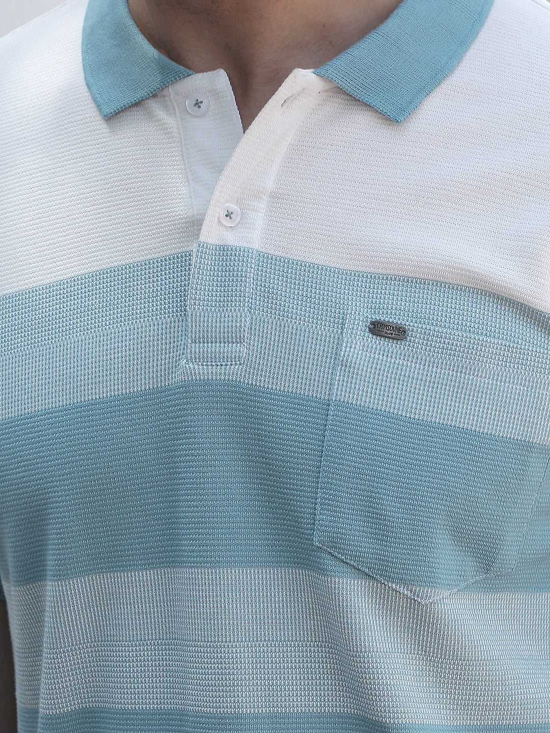Green Horizontal Striped Polo Neck T-Shirt