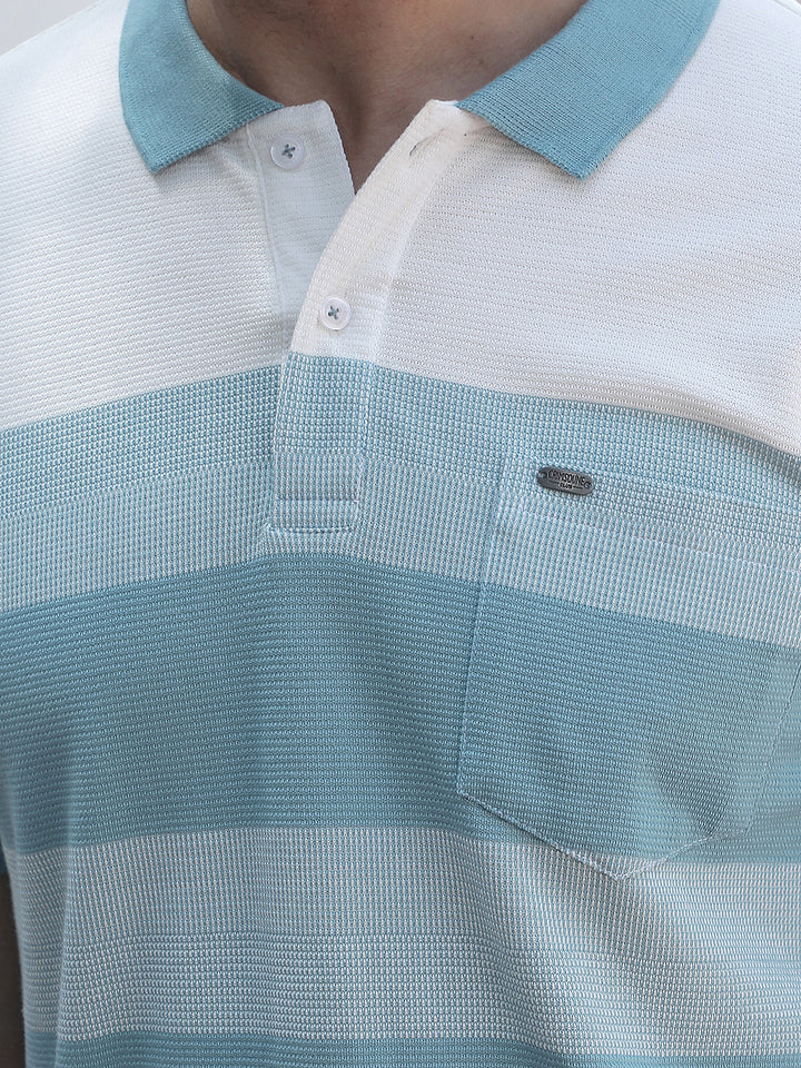Green Horizontal Striped Polo Neck T-Shirt